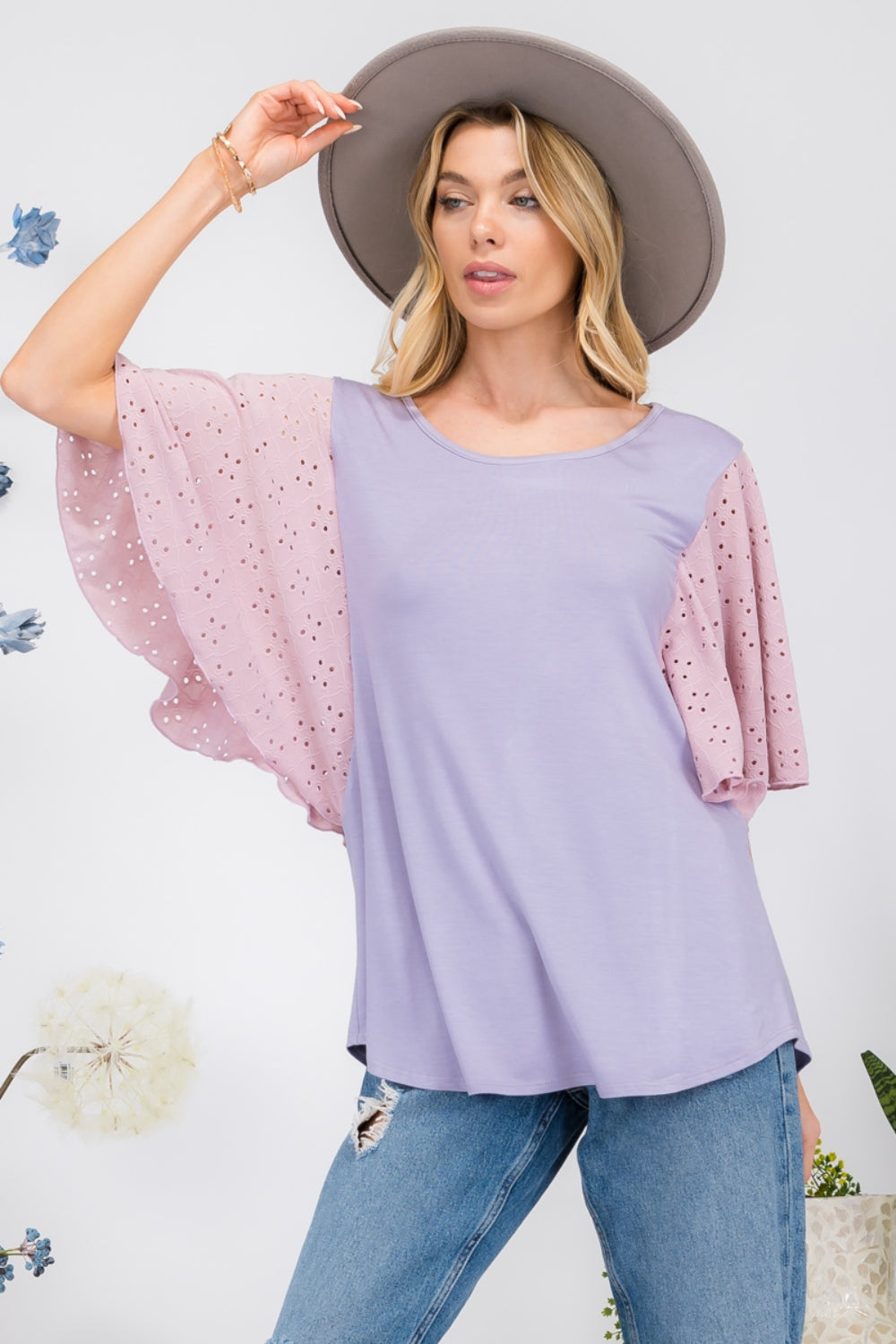 Cotton Candy Eyelet Ruffle Sleeve Top