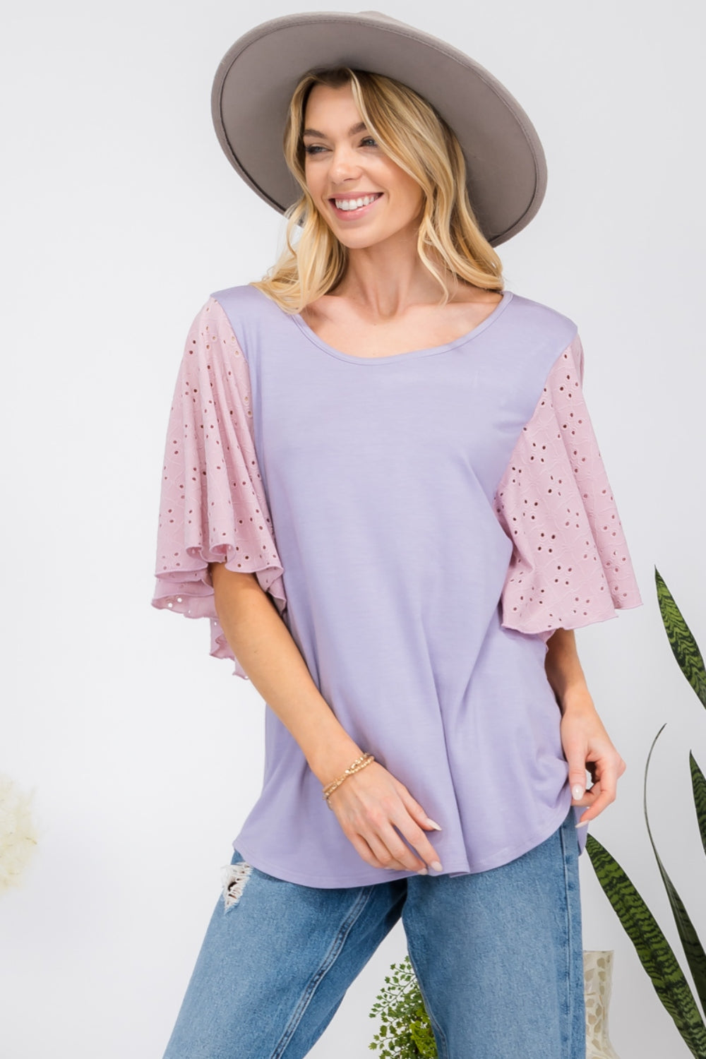 Cotton Candy Eyelet Ruffle Sleeve Top