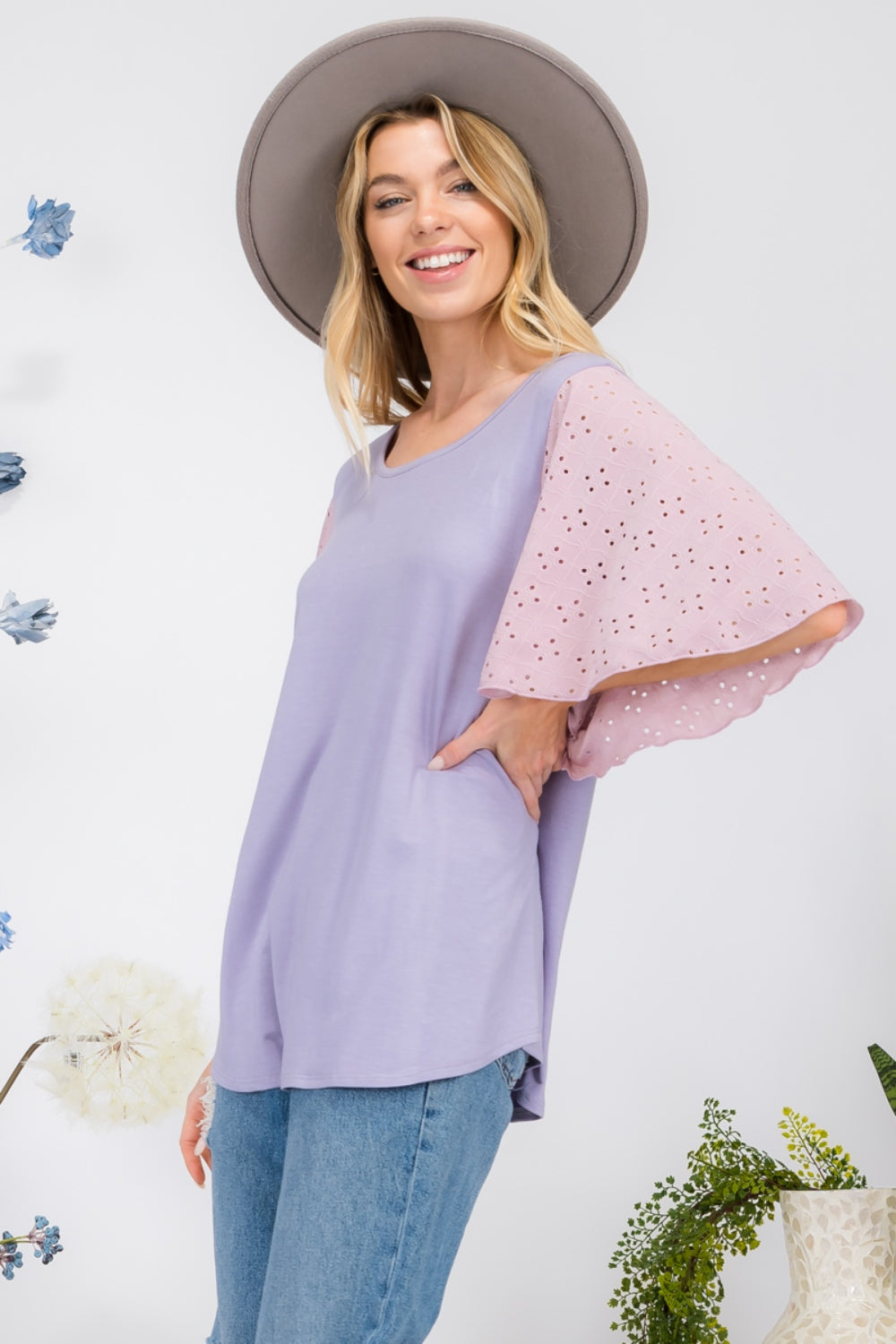 Cotton Candy Eyelet Ruffle Sleeve Top