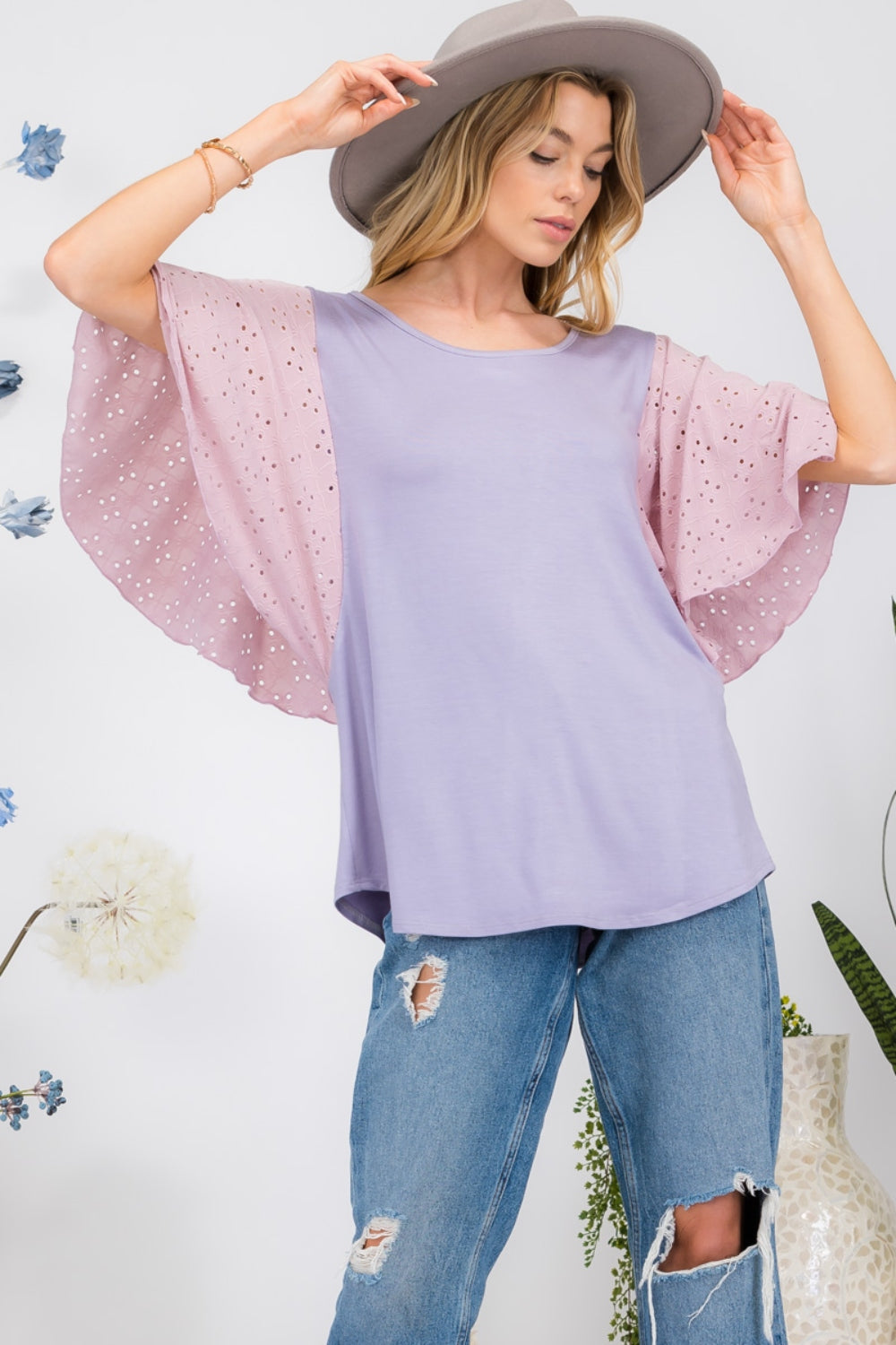 Cotton Candy Eyelet Ruffle Sleeve Top